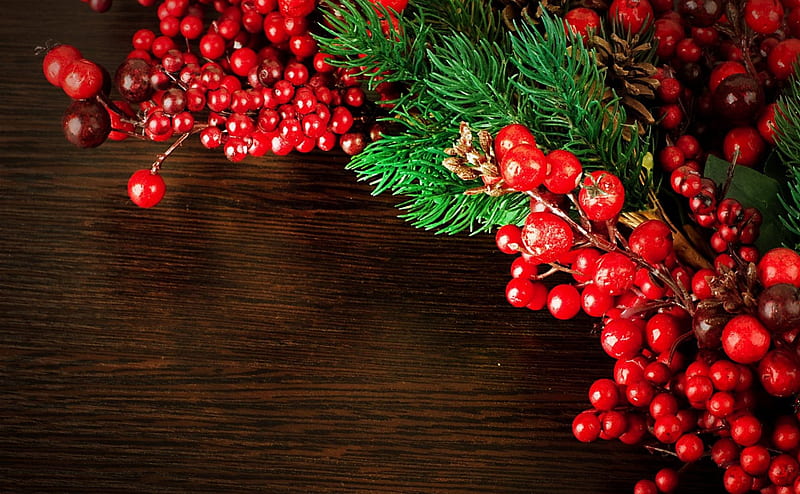 Merry Christmas!, red, tree, green, christmas, berry, fir, wood, HD wallpaper