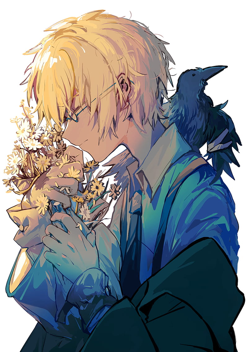 Boy, flowers, bouquet, raven, anime, HD phone wallpaper | Peakpx