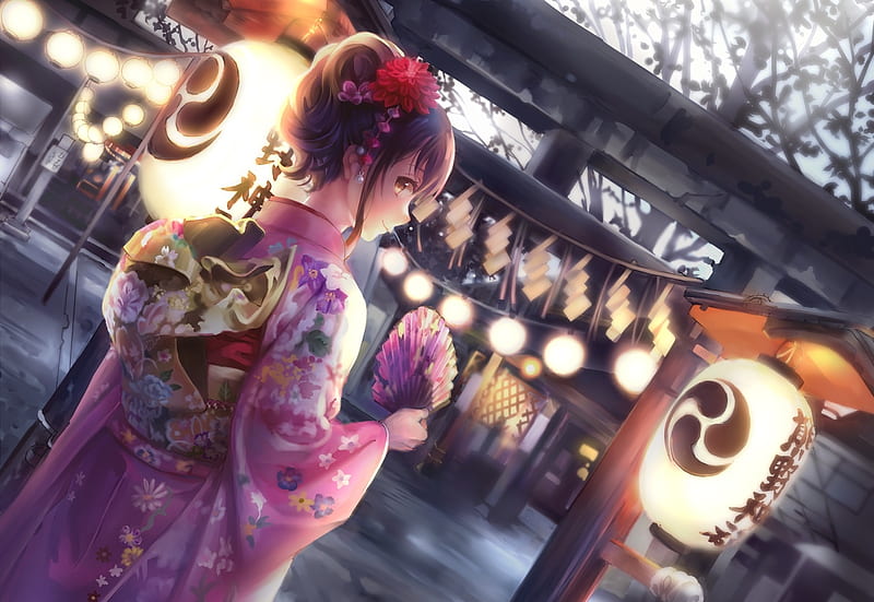 kimono, festival, lantern, torii, anime girl, brown hair, smiling, Anime, HD wallpaper