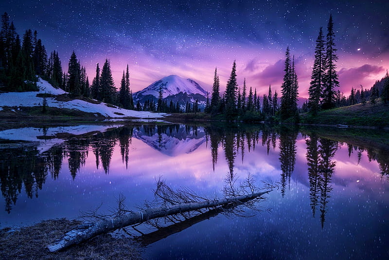 Winter dusk, stars, colorful, dusk, bonito, trees, sky, lake, winter, mountain, tranquil, serenity, snow, evening, refelction, landscape, HD wallpaper