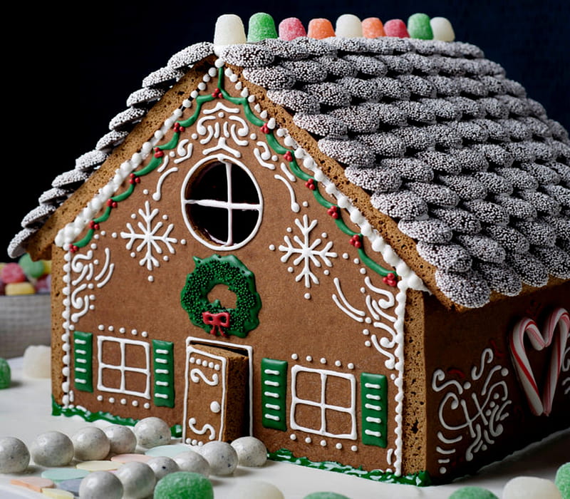 Gingerbread House, White, Brown, GIngerbread, House, Green, HD wallpaper