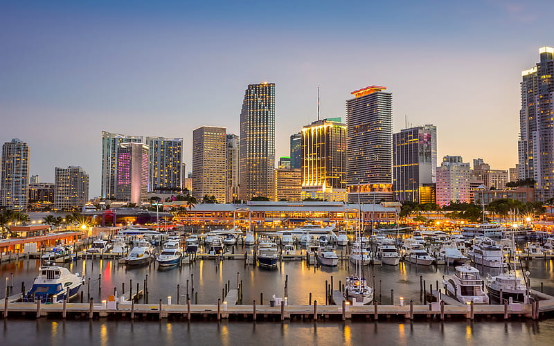 Miami, evening, cityscape, embankment, USA, yacht parking, boats, yachts, HD wallpaper
