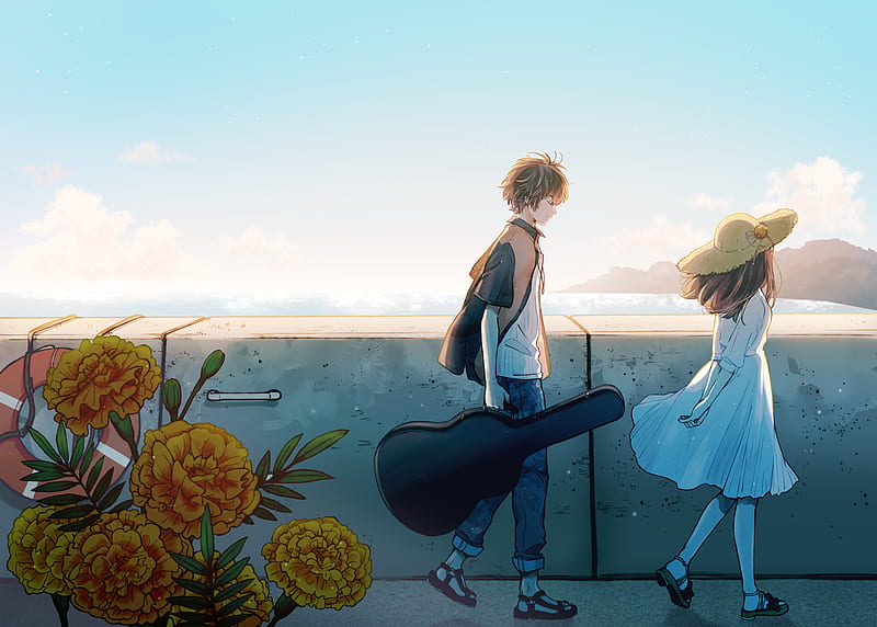 Anime, Original, Boy, Brown Hair, Flower, Girl, Guitar, Hat, Sea, White Dress, HD wallpaper