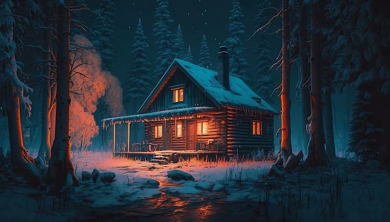 Winter cabin, haz, ut, erdo, fak, kabin, havas, ho, teli, termeszet, ejszaka, HD wallpaper