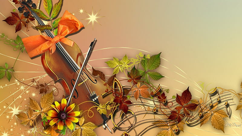 Autumn Music, scores, stars, fall, violin, autumn, notes, browns, leaves, Thanksgiving, flowers, HD wallpaper