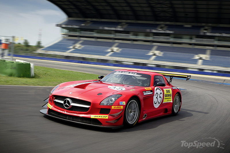 mercedes sls race car, red, race modified, front engine, silver alloys, yellow, two seater, race track, HD wallpaper