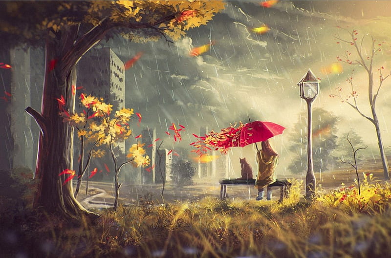 Autumn Rain, autumn, girl, umbrella, rain, cat, HD wallpaper