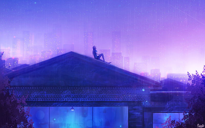 Anime girl, rooftop, stars, raining, buildings, purple sky, scenic, Anime,  HD wallpaper | Peakpx
