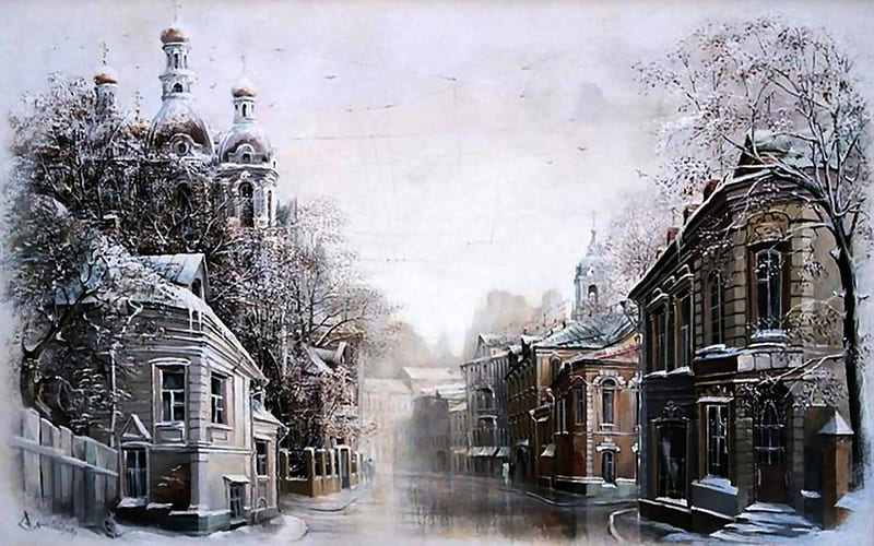 Russian Street Scene (V) 1, art, cityscape, artwork, winter, russia, snow, painting, wide screen, ice, scenery, HD wallpaper