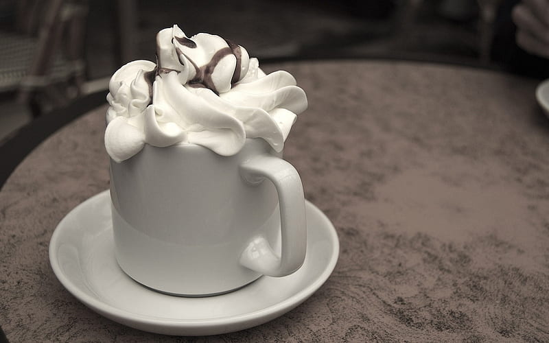 so tasty, table, cafe, delicious, food, dishes, whipped cream, chocolate sauce, tasty, cup, drink, HD wallpaper
