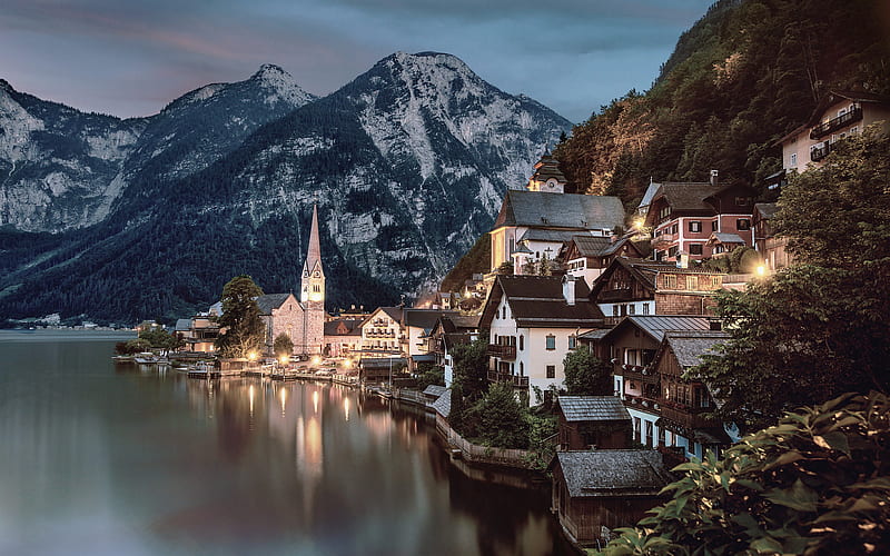 Hallstatt, evening city, lake, mountains, Austria, Europe, HD wallpaper