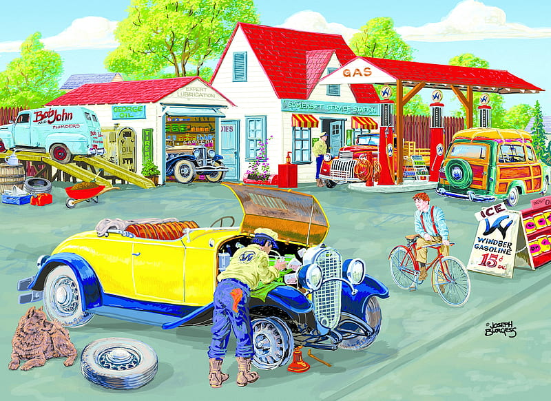 Somerset service station, house, artwork, people, car, painting, HD wallpaper