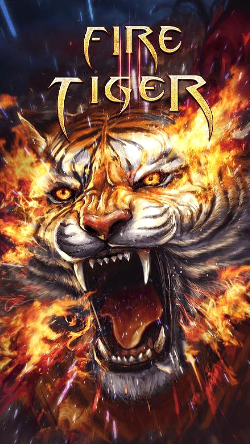 Fire tiger, animal, burn, burning, drawings, face, mad, teeth, wild, HD phone wallpaper