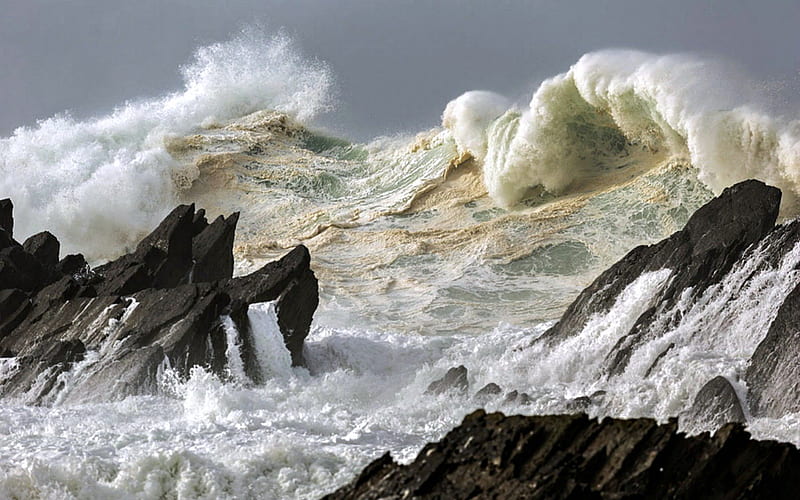 Rough Seas off the Coast of Ireland, Ireland, Waves, Rocks, Oceans, HD wallpaper