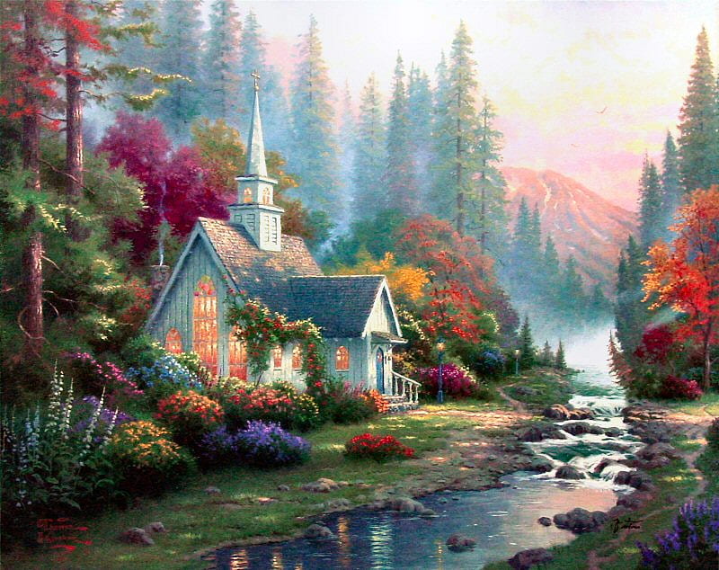 The Chapel In The Forest, forest, painting, creek, church, trees, thomas kinkade, HD wallpaper