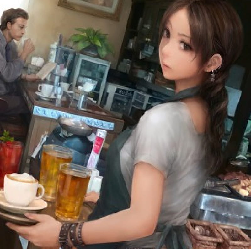 Waitress, cafe, cg, anime, drink, anime girl, realistic, long hair, food, stall, sexy, cute, water, men, cup, work, job, eating, shop, guy, hungry, glasses, eat, pub, people, hot, apron, working, female, delicious, male, customer, wine, brown hair, bakery, 3d, boy, girl, coffee, HD wallpaper