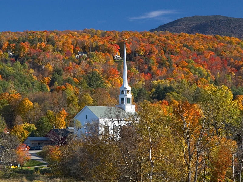 Church of Stowe, Vermont, in Autumn, fall, tower, colors, trees, landscape, HD wallpaper