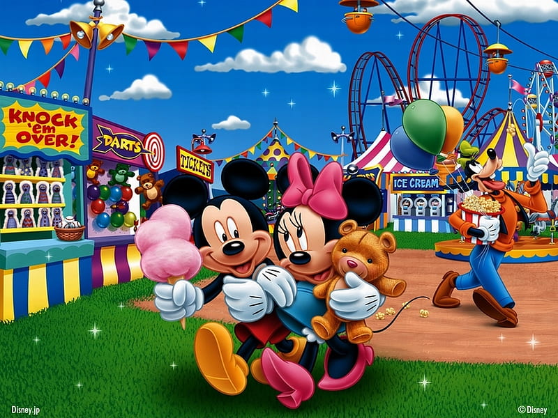Mickey and minnie at the fair, grass, stalls, goofy, prizes, bonito, clouds, cotton candy, teddybear, carnival, fair, balloons, hair bow, ferris wheel, tents, HD wallpaper