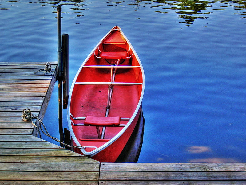 By the dock, red, lakes, background, bonito, canoe, boat, water, dock,  summer, HD wallpaper | Peakpx