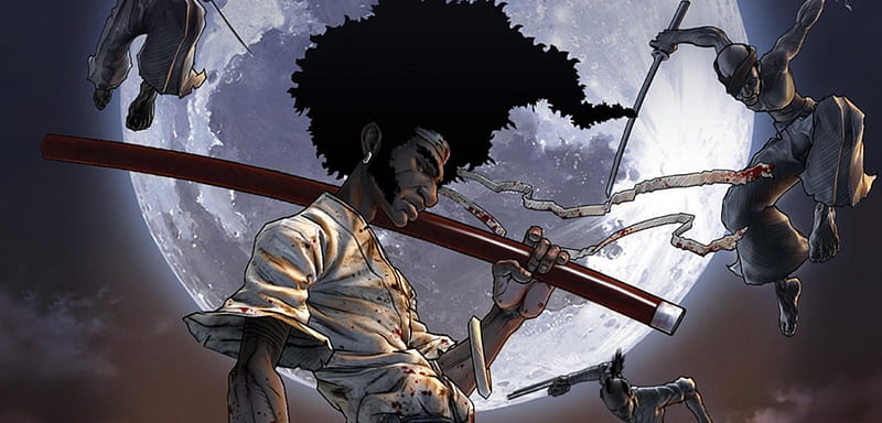 Afro Samurai, weapons, moon, swords, anime, headband, afro, blood, HD wallpaper