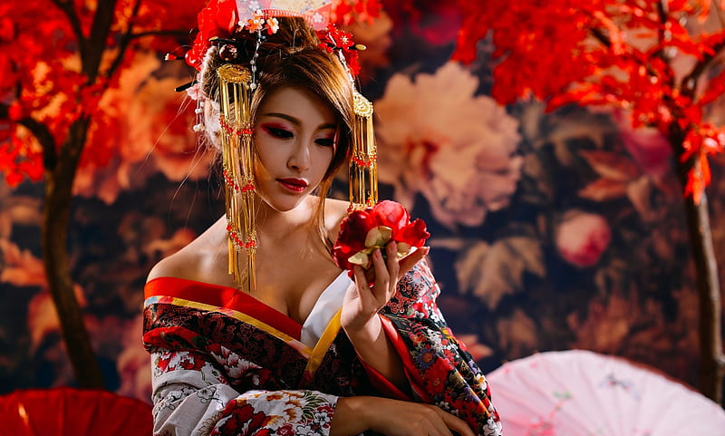 Beauty, red, girl, model, asian, kimono, woman, geisha, HD wallpaper |  Peakpx