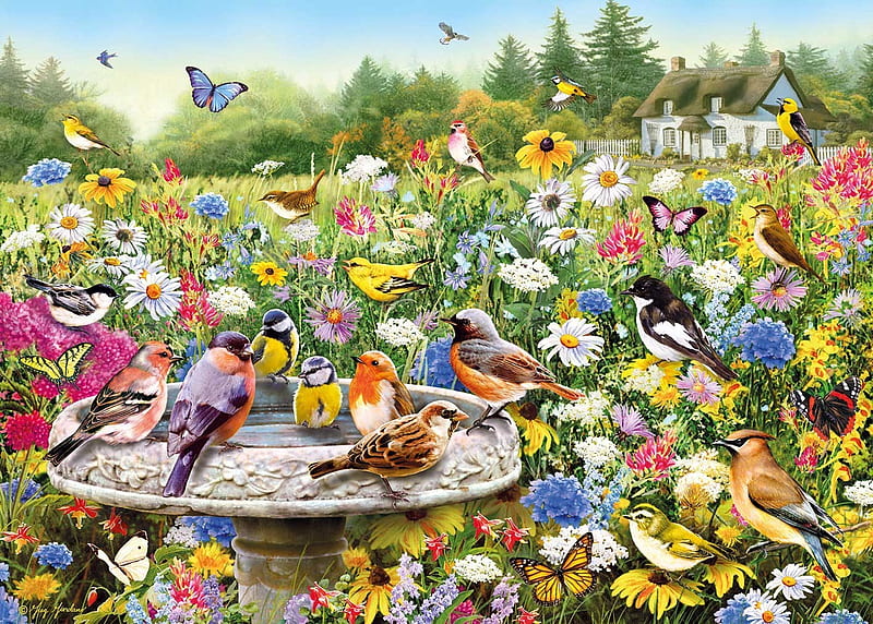 Songbirds, painting, birds, flowers, trees, artwork, landscape, HD wallpaper