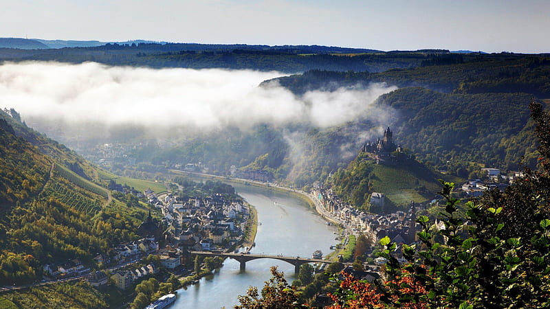 fairytale town of klotten germany on the moselle river, rive, bridge, view, town, clouds, castle, HD wallpaper