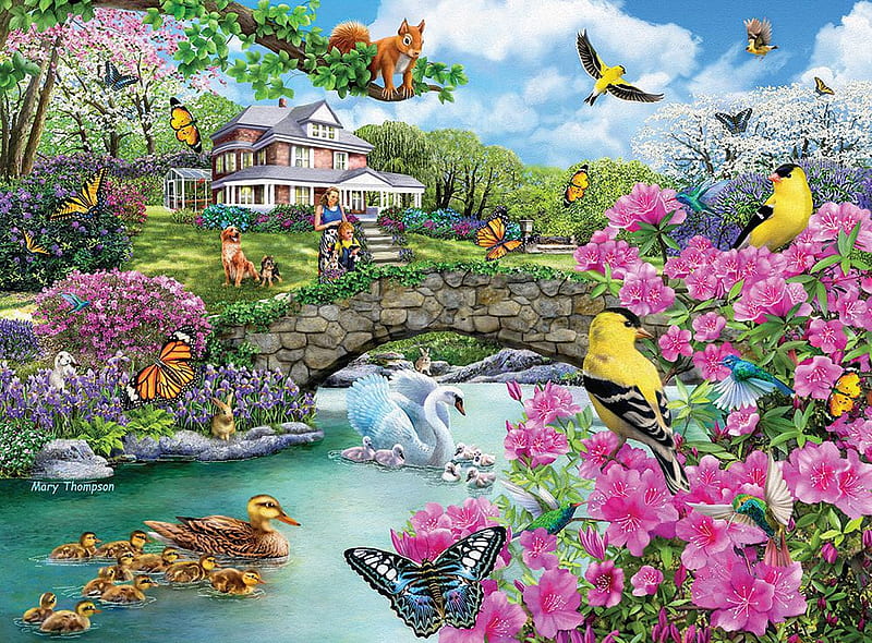Crossing The Footbridge, cottage, people, birds, flowers, river, butterflies, artwork, dog, painting, HD wallpaper