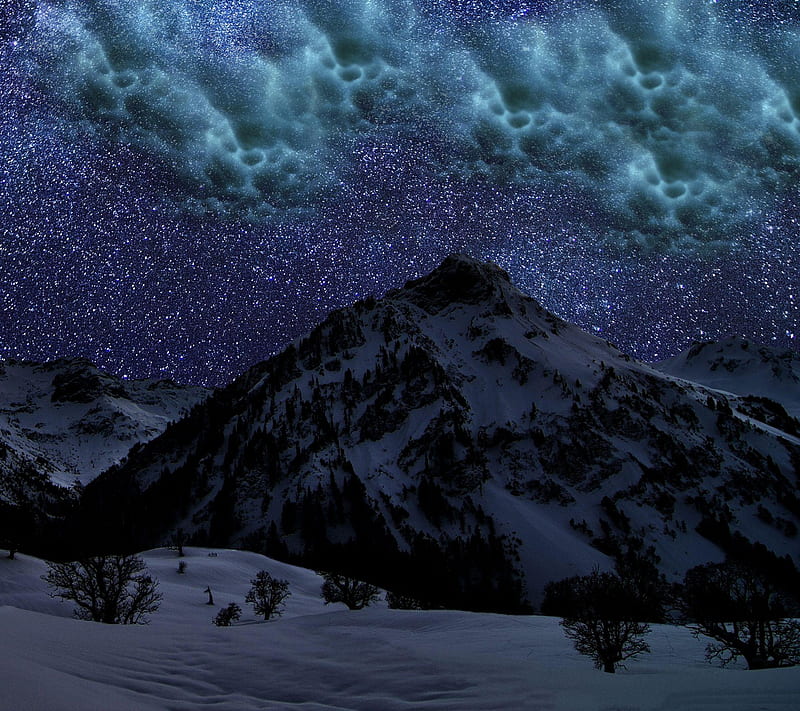 Winter night, clouds, ice, mountain, sky, snow, stars, HD wallpaper