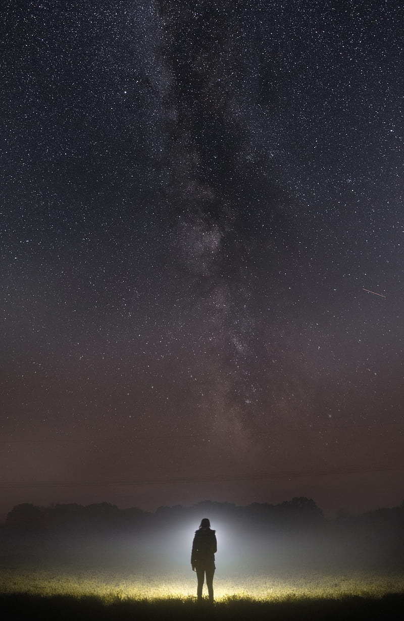 silhouette, dark, alone, night, starry sky, HD phone wallpaper