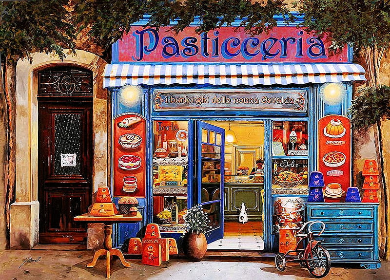 La Pasticceria, window, door, bakery, shop, table, painting, HD wallpaper