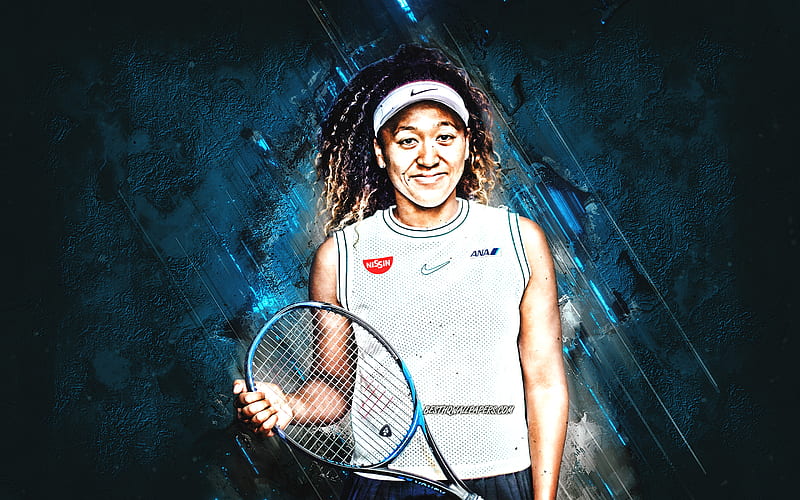 Naomi Osaka, WTA, Japanese tennis player, blue stone background, Naomi Osaka art, tennis, HD wallpaper