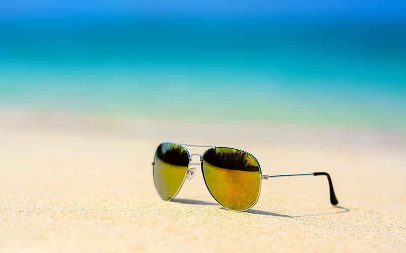 sunglasses, sand, beach, summer vacation, sea, travel, summer concepts, HD wallpaper