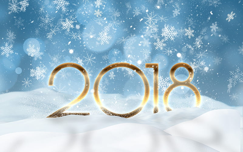 Happy New Year, 2018, winter, snow, golden numbers, 2018 concepts, HD wallpaper