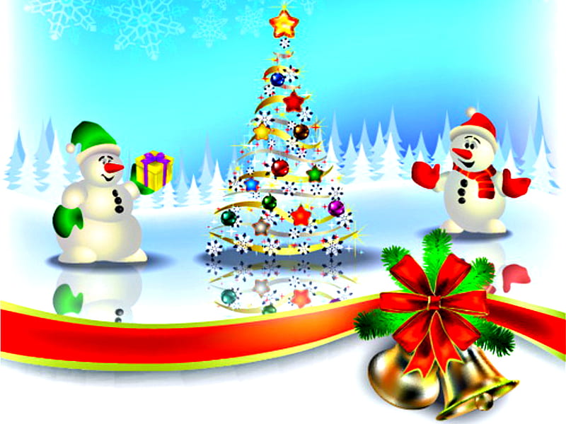 Merry Christmas, red, pretty, colorful, christmas tree, christmas balls, bonito, magic, bell, xmas, ball, green, magic christmas, beauty, christmas bells, reflection, blue, snowmen, lovely, holiday, christmas stars, christmas, colors, new year, happy new year, gift, snowman, winter, balls, snow, bells, gifts, HD wallpaper