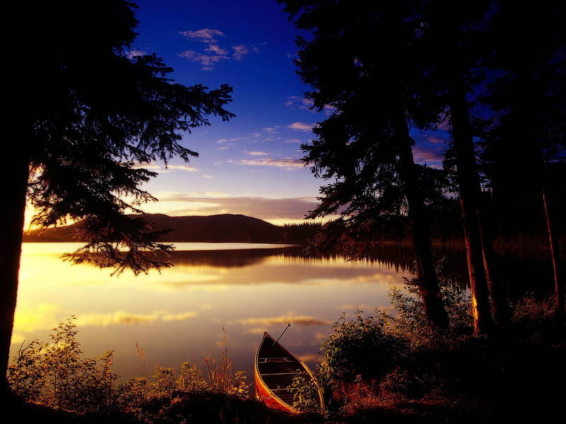 Great Bear Lake, Canada, water, boat, canoe, reflection, sky, HD wallpaper