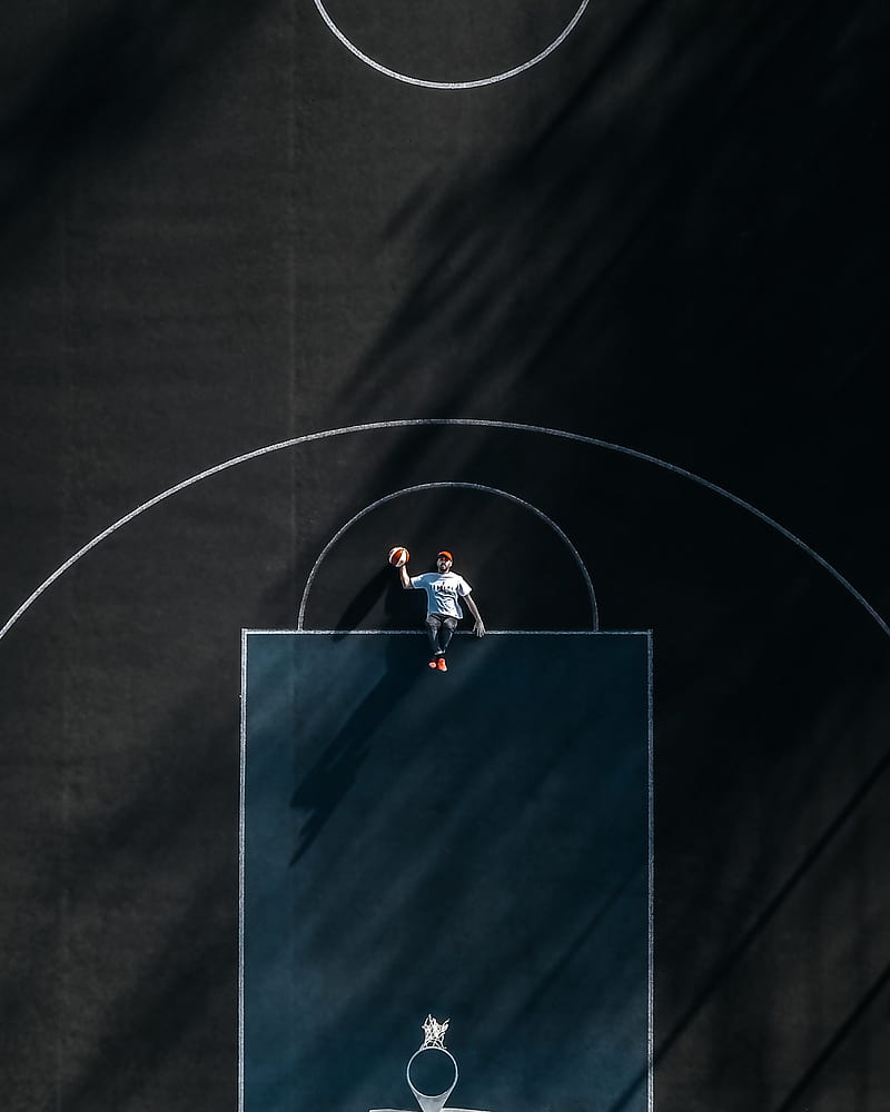 basketball court, man, aerial view, marking, basketball, HD phone wallpaper