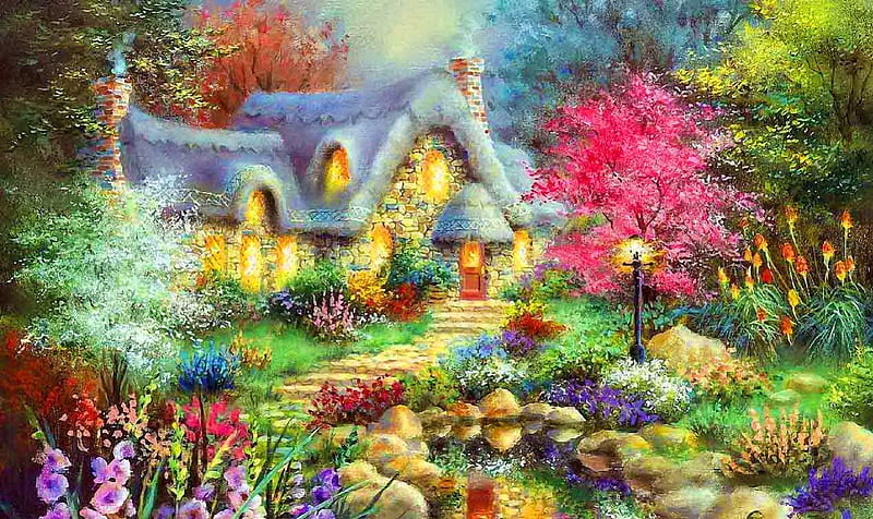 Fairytale cottage, pretty, house, cabin, fairytale, floral, lights, countryside, nice, village, flowers, reflection, lovely, delight, park, trees, water, alleys, hore, paradise, garden, colorful, cottage, lantern, bonito, villa, painting, river, forest, spring, yard, lake, pond, summer, nature, HD wallpaper
