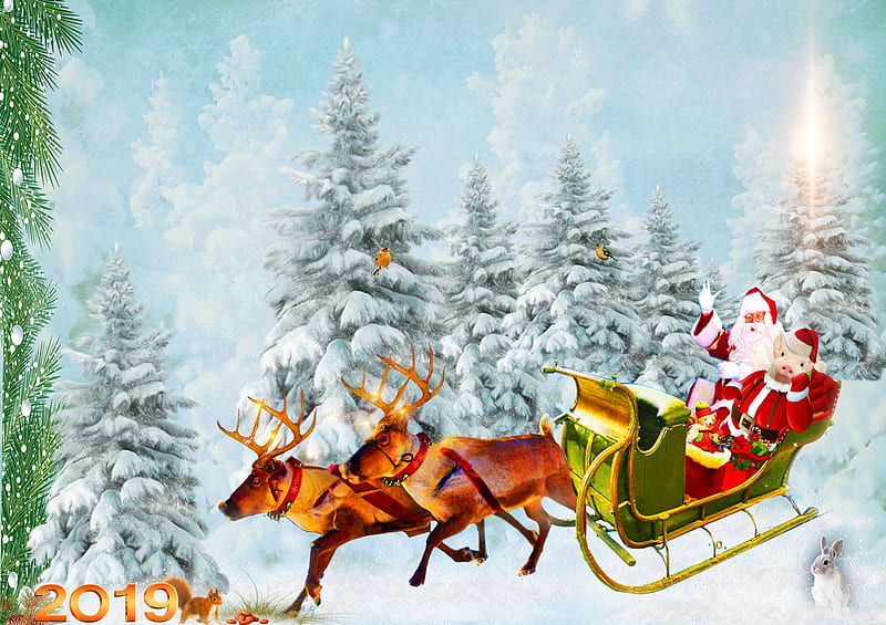 Santa 2019, 2019 Year of the Pig, sleigh, snow, Saint Nick, woods, Santa Claus, reindeer, winter, Firefox theme, HD wallpaper