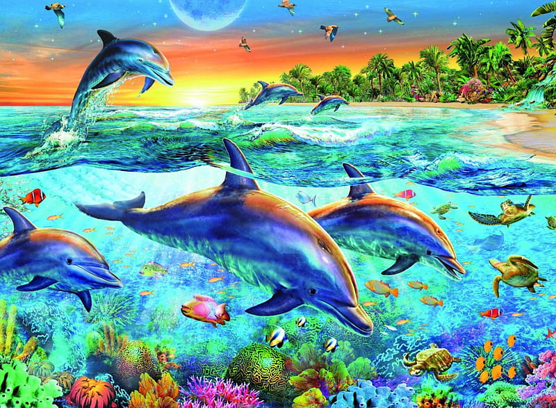 Dolphin Bay, pretty, reef, fish, bonito, adorable, sea, sweet, nice, painting, coral reef, beauty, swimming, jump, underwater, lovely, ocean, turtle, coral, coralreef, cute, kawaii, dolphin, bird, swim, scene, HD wallpaper