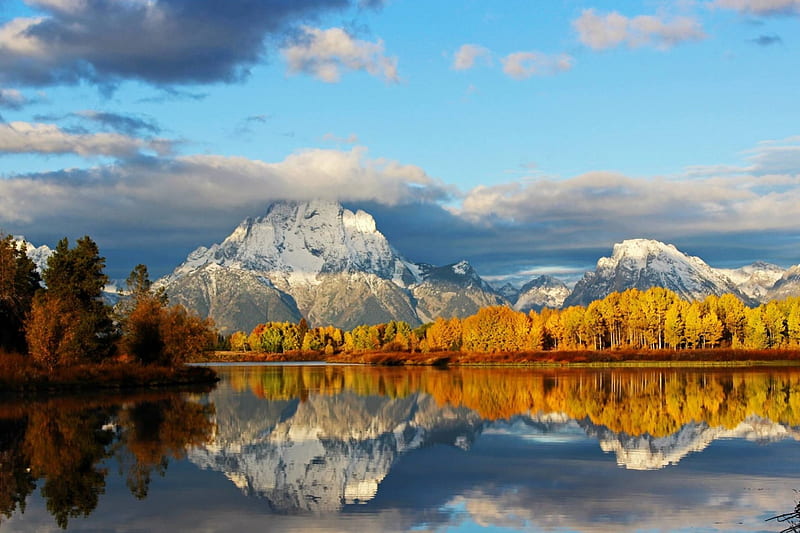 Grand Tetons, Wyoming, autumn, river, trees, clouds, fall colors, landscape, HD wallpaper