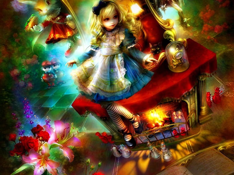 Alice notion, red, table, art, book, wonderland, fantasy, girl, green, flower, Shu, HD wallpaper