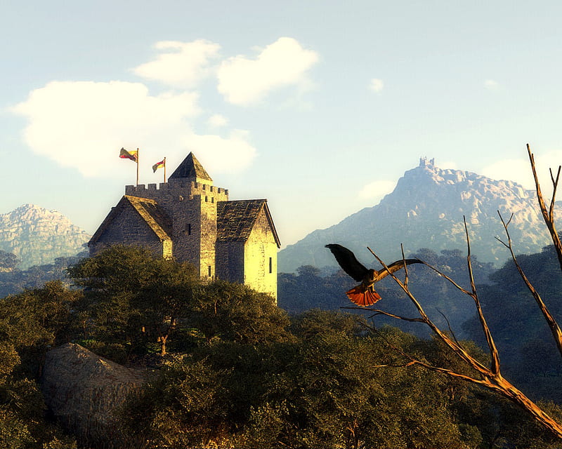 A Knights Homestead, cg, trees, valley, mountain, stronghold, falcon, top, castle, banners, HD wallpaper