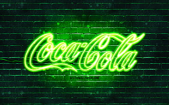 Coca-Cola green logo green brickwall, Coca-Cola logo, brands, Coca-Cola neon logo, Coca-Cola, HD wallpaper