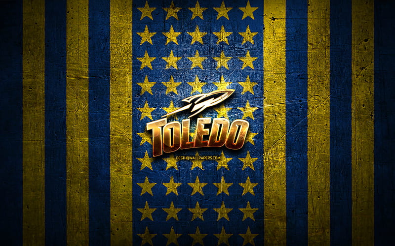 Toledo Rockets flag, NCAA, yellow blue metal background, american football team, Toledo Rockets logo, USA, american football, golden logo, Toledo Rockets, HD wallpaper