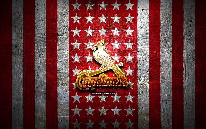 St Louis Cardinals flag, MLB, red white metal background, american baseball team, St Louis Cardinals logo, USA, baseball, St Louis Cardinals, golden logo, HD wallpaper