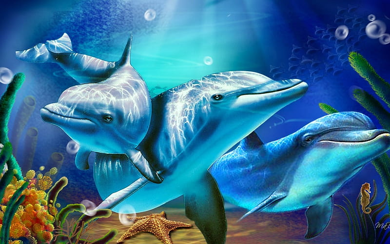 Dolphins, underwater, life, happy, sea, cute, marine, animals, HD wallpaper