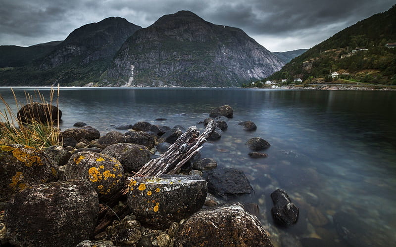fjord, nature, hordaland, lake, eidfjord, norway, mountains, HD wallpaper
