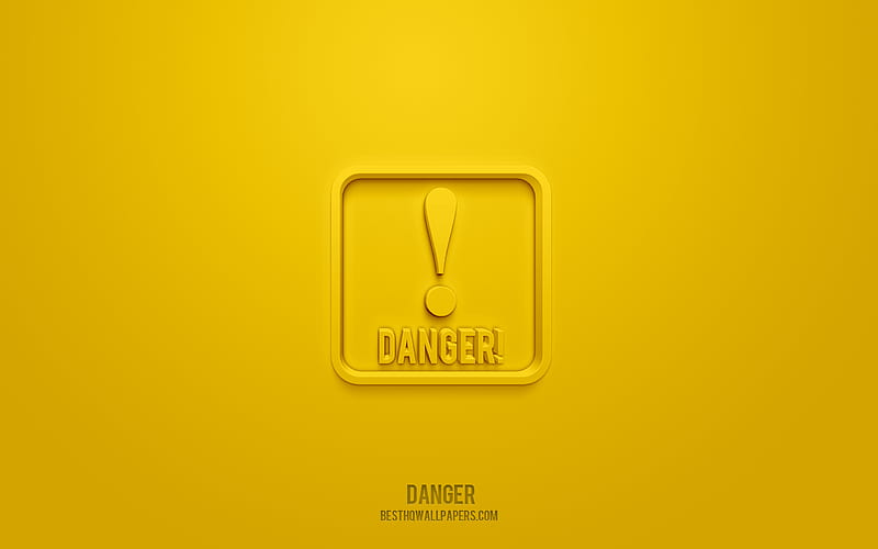 Danger 3d icon, yellow background, 3d symbols, Danger, Warning icons, 3d icons, Danger sign, Warning 3d icons, HD wallpaper
