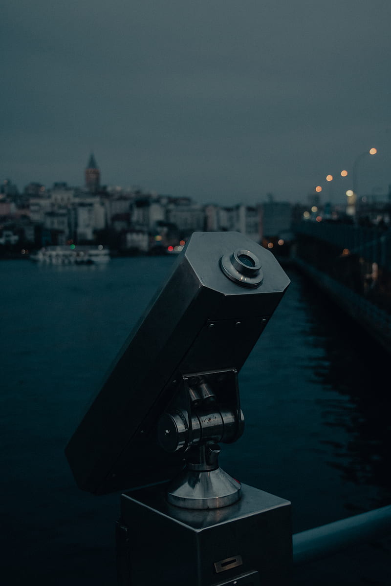 black telescope in front of city buildings during night time, HD phone wallpaper